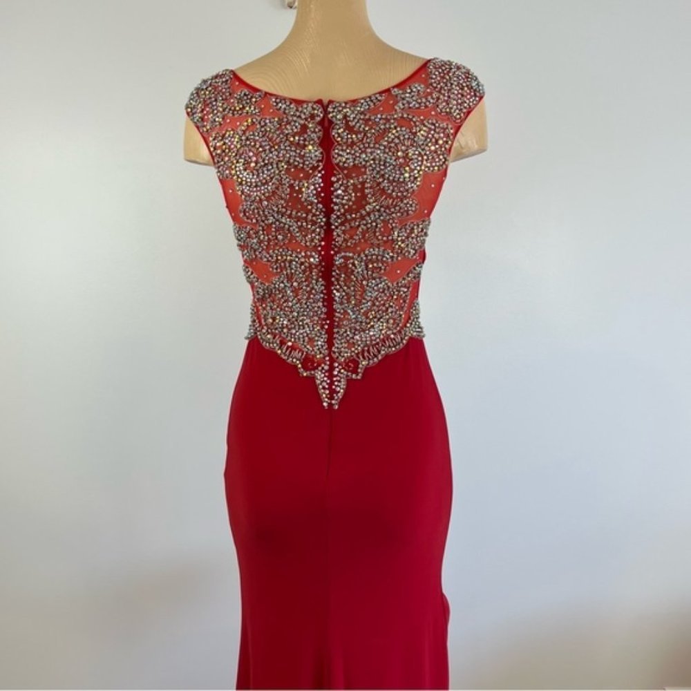 STUNNING Red Alyce Paris Formal Bedazzled Maxi Prom Dress sheer back size 00